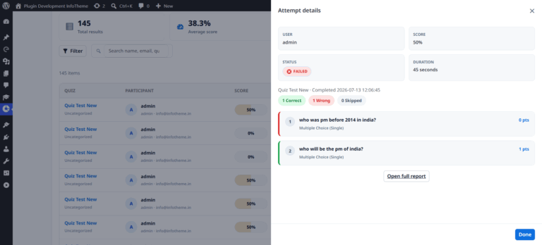 Quiz Entry in Admin Panel